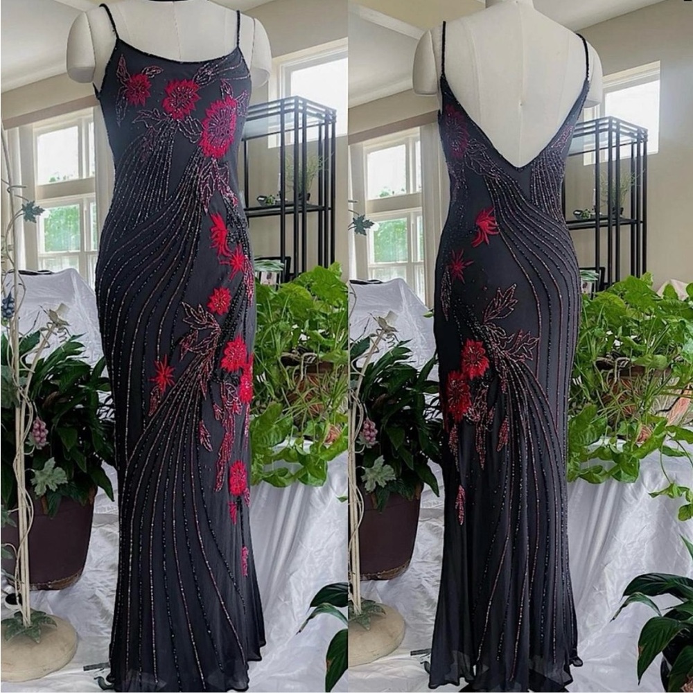 Sue Wong Black Maxi Dress with Red Floral Beadwork Prom Y2k